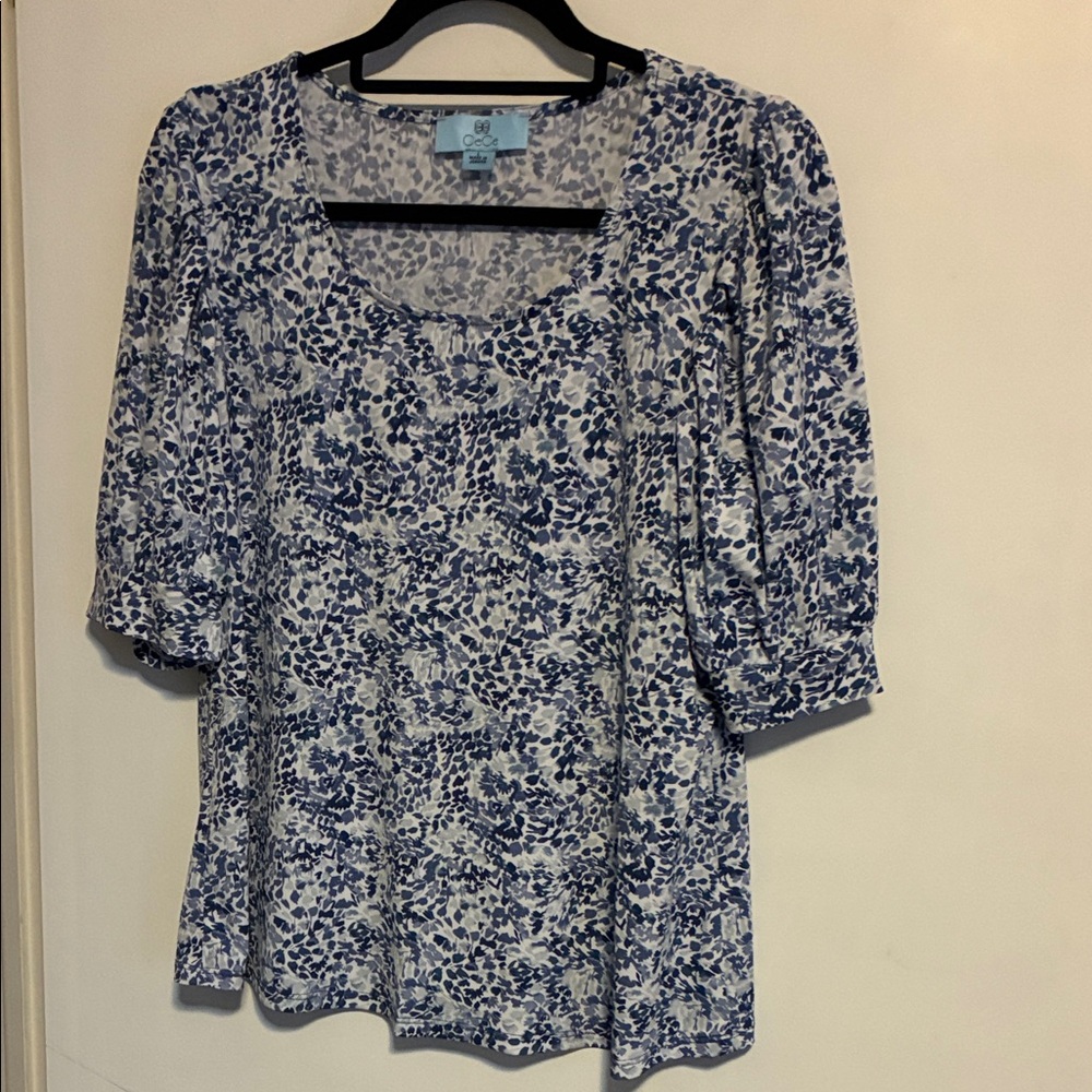 CeCe White and Blue Patterned Blouse, short sleeve, size large